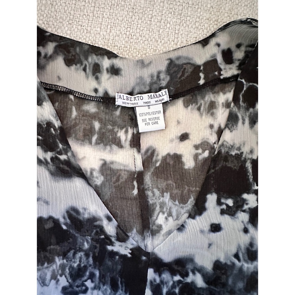 Alberto Makali Black White Tie Dye V-Neck Mini Dress Sheer Gathered Waist - Picture 7 of 9